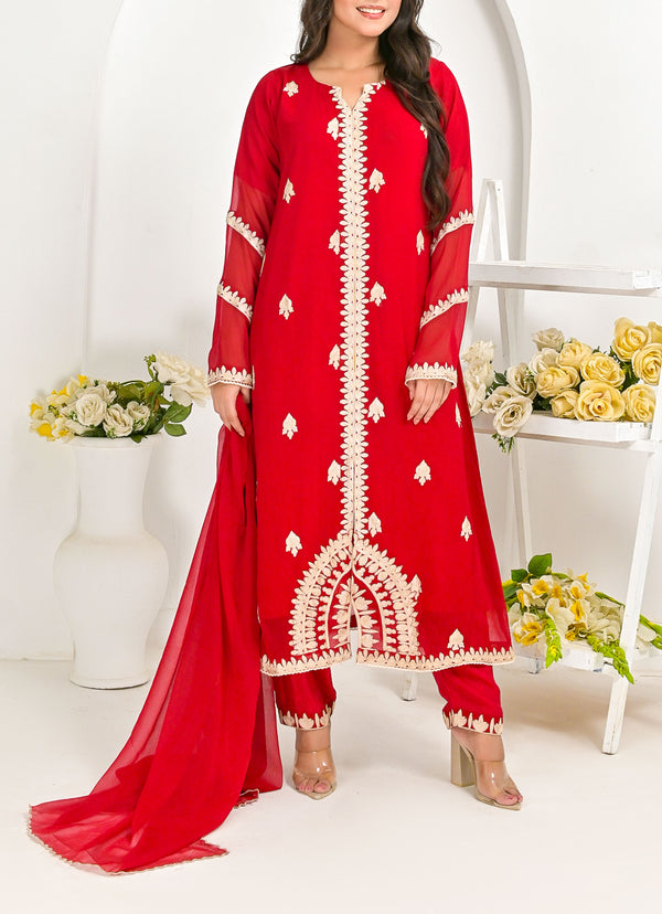 Red Embroidered 3 pc - 55007